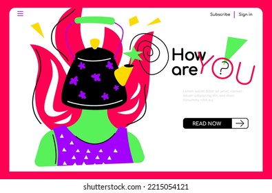 How are you - colorful flat design style illustration with linear elements. Colored composition with woman with a teapot instead of a head. Emotional burnout, difficulties of everyday life