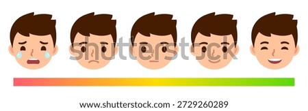 How are you feeling today? Cartoon boy face emotional scale, from sad to happy. Cute and simple vector illustration set.