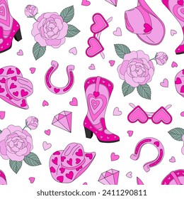 Howdy 14 February cowgirl heart shape accessories hat boots shades horseshoe rose vector seamless pattern. Saint Valentines Day romantic love background.