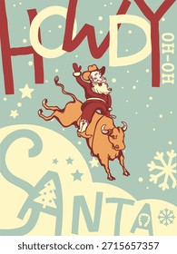 Howdy Christmas card background. Vector vintage western cowboy typography holiday phrase Howdy Christmas with decorative holiday elements and retro lettering. Designed in warm vintage color palette, this vector illustration is perfect for holiday cards, posters, t-shirt designs, gift tags, stickers, and seasonal decor