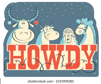 Howdy Christmas Card Illustration With Farm Animals And Holiday Text. Vector American Christmas Card