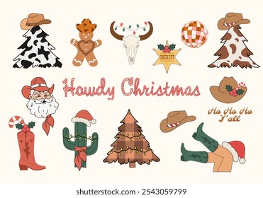 Hola Navidades. Estética de vaquero salvaje oeste. Año Nuevo y celebración de Navidad. Vector