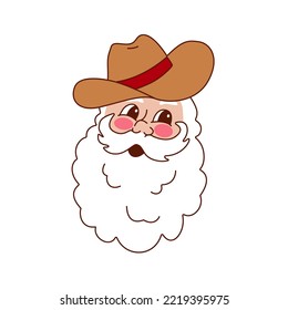 Howdy Christmas retro vintage Santa Claus with cowboy hat. Groovy Santa in 70s style.