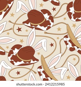 Howdy cow spots cowboy hat with easter bunny ears vector seamless pattern. Wild West Happy Easter background.