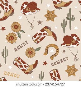 Howdy cowboy cowgirl accessories retro boots hat sheriff star lucky horse shoe vector seamless pattern. Groovy wild west floral background.