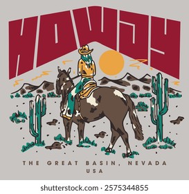 howdy, vaquero, rodeo, eslogan art, desierto, la gran cuenca, nevada, EE.UU., ilustración vintage, impresión de ubicación, moda, camiseta, Vector gráfico