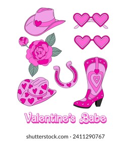 Howdy cowgirl heart shape accessories hat boots shades horseshoe rose vector illustration set isolated on white. Pink aesthetic Saint Valentines Day romantic love print collection.