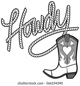 Howdy Cowgirl Rope and Boot Illustration