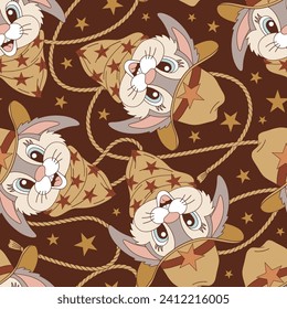 Howdy cute cartoon bunny portrait cowboy sheriff vector seamless pattern. Wild West Happy Easter background.