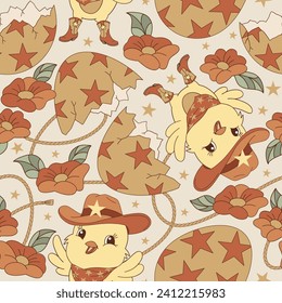 Howdy cute cartoon chicken sheriff star printer Easter egg shell vector seamless pattern. Wild West Happy Easter background.