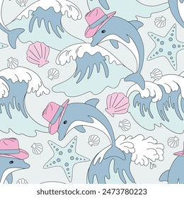 Howdy dolphin jumping in waves vector seamless pattern. Ocean western background.