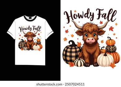 Howdy Fall Cute Highland Cow and Pumpkins T-Shirt  vector Design 