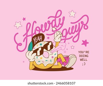 Howdy guys - Vintage poster, trendy retro design. Print for t-shirt, banner, poster, cover, badge and label. Retro 70's typography design. Сool donut character with glasses and cap.

