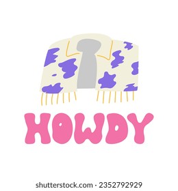 Howdy-Schrift und Cowboy-Jacke Vektorgrafik. Groovy Retro Text 1970 Stil. Cowgirl-Kleidung 