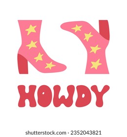 Howdy lettering and disco boots vector illustration. Groovy retro text in hippie 1970 style. Cowgirl boots with stars