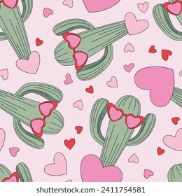 Howdy love cactus in heart shape shades with hands up vector seamless pattern. Saint Valentines Day romantic wild west background.