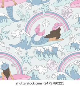 Howdy Mermaid surfing on waves vector seamless pattern. Coastal cowgirl background.