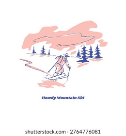 Howdy mountain ski logo vector vintage illustration skier adventure on mountain snow pine tree nature national park	