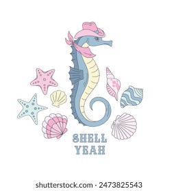 Howdy sea horse cowboy with shells vector illustration. Coastal Western pre-made card 