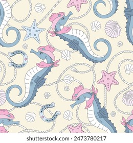 Howdy sea horse cowboy vector seamless pattern. Ocean western background.