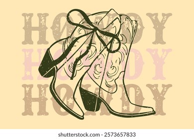 Howdy text with cowboy boots and hat. Howdy. Artwork design, illustration for t shirt design, western desert cowgirl artwork for t shirt. cowgirl boots hand drawn sketch, wild west artwork for t-shirt