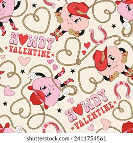 Howdy Valentine cartoon character heart shape cowboy love lasso rope rodeo vector seamless pattern. Wild West Saint Valentines Day romantic background.