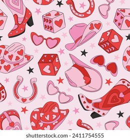 Howdy Valentine Cowgirl accessories heart shape hat boots shades dice horseshoe vector seamless pattern. Wild West Saint Valentines Day Red Pink aesthetic romantic love background.