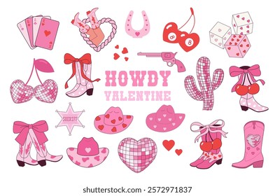 Howdy Valentine. Valentines day icons set cowboy style, wild west