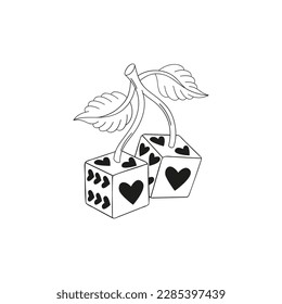 Howdy Valentines Day cherry luck dice with heart shape spots vector illustration isolated on white. Linear colouring page Wild west game of chance print for 14 February holiday.