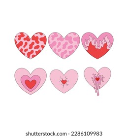 Howdy Valentines Day cow skin flaming concentric stripes shot down hearts vector illustration set isolated on white. Wild West St Valentine Day Red Pink aesthetics heart print collection.