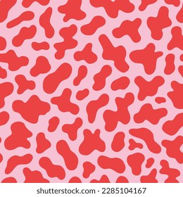 Howdy Valentines Day Cow spots skin print vector seamless pattern. Farm animal abstract red pink background. Wild west Dalmatian print.