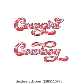 Howdy Valentines Day cowboy cowgirl retro style text cow spots ornament vector illustration isolated on white. Pink Red aesthetics Wild west vintage love print for 14 February holiday. 