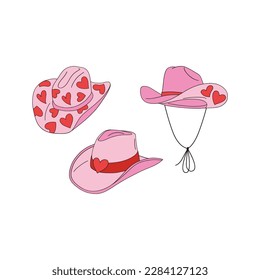 Howdy Valentines Day cowgirl cowboy heart ornament hats vector illustration set isolated on white. Red Pink aesthetics Wild west stetson print for 14 February holiday.