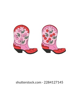 Howdy Valentines Day cowgirl cowboy cherry ornament boots vector illustration isolated on white. Red Pink aesthetics Wild west shoes print for 14 February holiday.