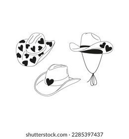 Howdy Valentines Day cowgirl cowboy heart ornament hats vector illustration set isolated on white. Wild west linear colouring page stetson print for 14 February holiday. 