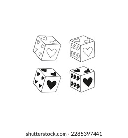 Howdy Valentines Day dice with heart shape spots vector illustration set isolated on white. Linear colouring page Wild west game of chance print for 14 February holiday.