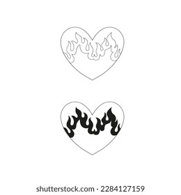 Howdy Valentines Day flaming heart love illustration set isolated on white. Wild west linear colouring page hearts print collection for love postcard design.