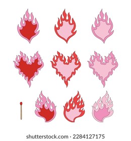 Howdy Valentines Day flaming hearts matches vector illustration set isolated on white. St Valentine Day Red Pink aesthetics fire heart print collection for love postcard design.