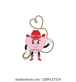 Howdy Valentines Day Funny cowboy with heart-shaped lasso cartoon heart character vector illustration isolated on white. Red Pink aesthetics Wild west print for 14 February holiday.