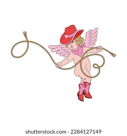 Howdy Valentines Day Funny cowboy Cupid with heart-shaped lasso vector illustration isolated on white. Red Pink aesthetics Wild west Love Amur print for 14 February holiday.