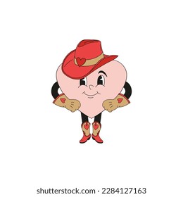 Howdy Valentines Day Funny cowboy cartoon heart character vector illustration isolated on white. Red Pink aesthetics Wild west print for 14 February holiday.