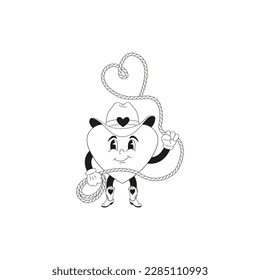 Howdy Valentines Day Funny cowboy with heart-shaped lasso cartoon heart character vector illustration isolated on white. Wild west linear colouring page hearts print for 14 February holiday. 