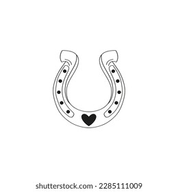 Howdy Valentines Day love horseshoe with heart vector illustration isolated on white. Linear colouring page Wild west peace of luck print for 14 February holiday.