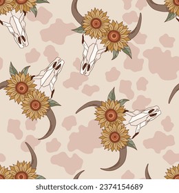 Howdy western cow bull scull with sunflowers on the head vector seamless pattern. Groovy wild west background.