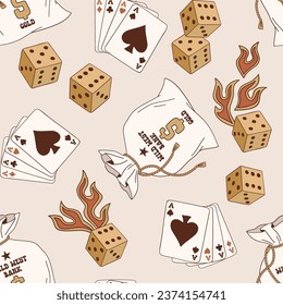 Howdy Western gambling and criminal objects play cards dice bank robbery vector seamless pattern. Groovy wild west background.