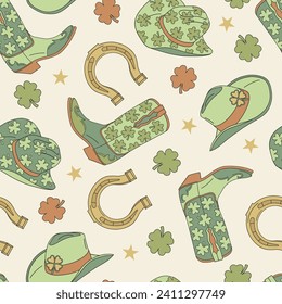 Howdy Western St Patrick outfits green cowboy hat shoes lucky horseshoe four leaf shamrock vector seamless pattern. Retro 70s 60s Groovy Saint Patricks Day background.