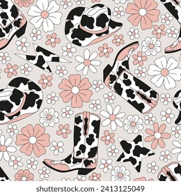 Howdy wild west cowboy accessories cow spots ornated hat boot vector seamless pattern. Groovy floral farm animal aesthetic pastel colours background.