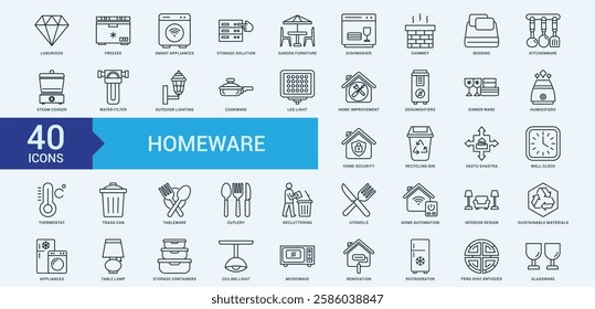 Howeware icon collection set with luxurious, freezer, smart appliances, storage solution, garden furniture