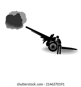 Howitzer Gun Icon Isolated on White Background with Soldier Near It. Stick Figure Pictogram Icon