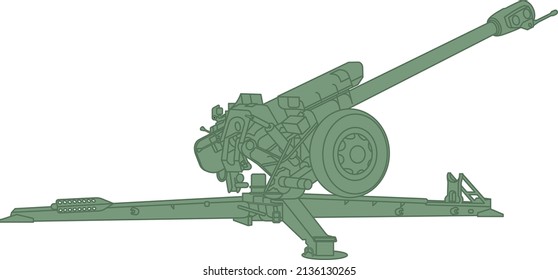 Howitzer Vector Icon. Long-range Cannon In Camouflage Color Vector Illustration Isolated On White Background. Army Artillery System. For Military Concepts, Infographics, Icons, Web Design